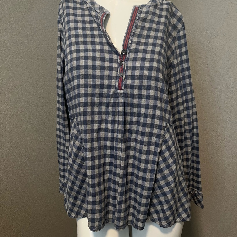 J. JILL Women’s Blue / Grey LS Plaid Henley  Popover Top  Blouse Size M